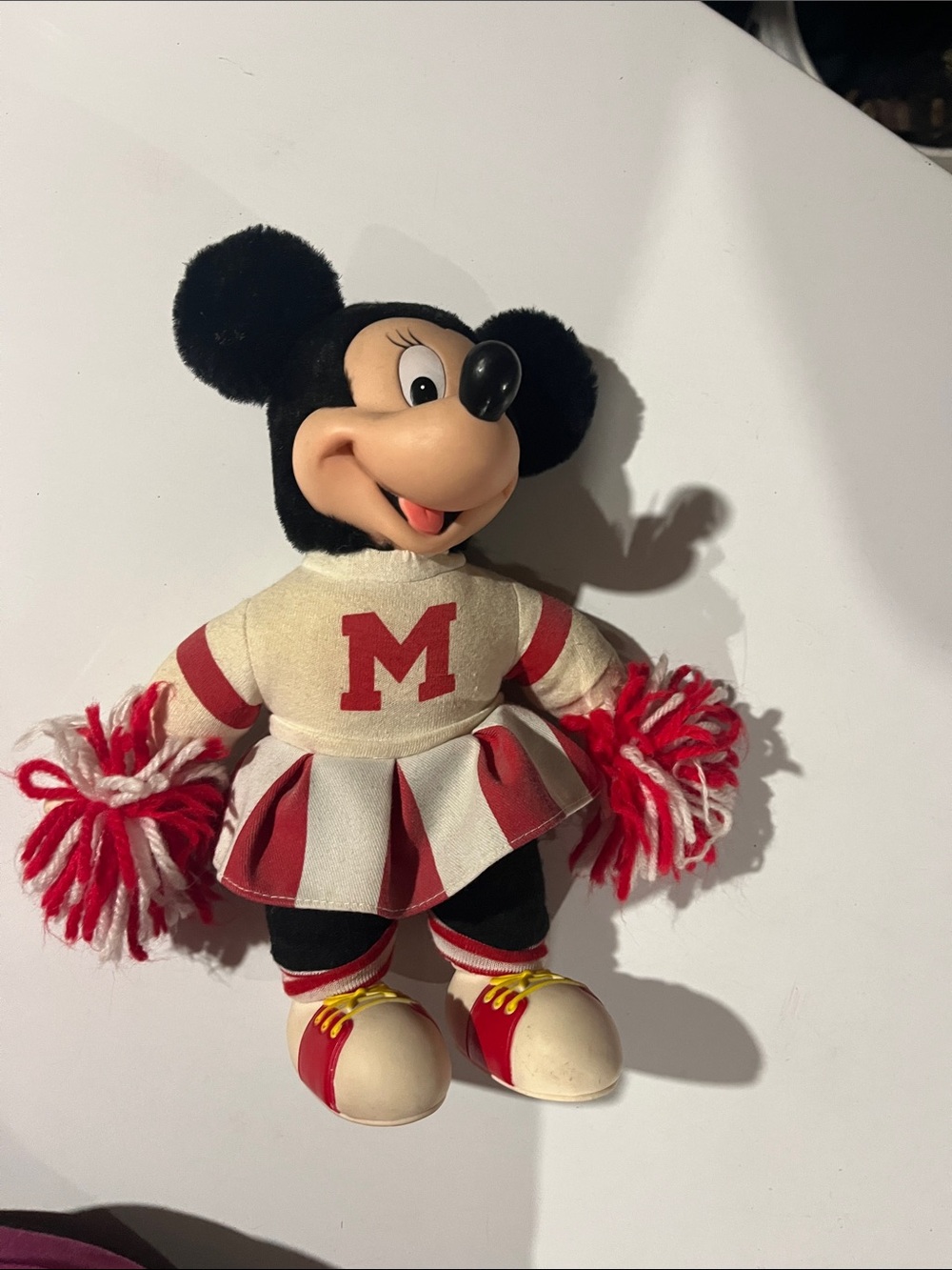 Vintage Minnie Mouse Cheerleader Plush with Red & White Pom Poms
